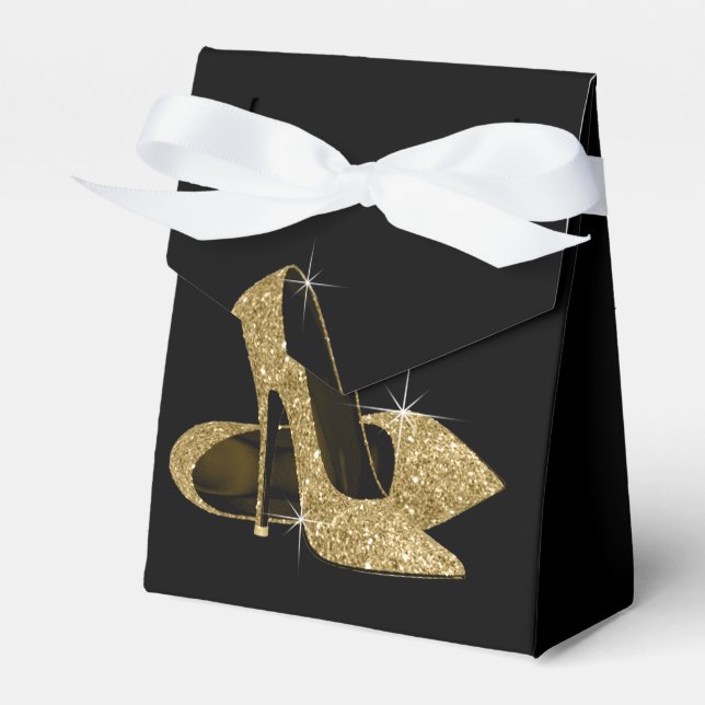 Elegant Black and Gold Glitter High Heel Shoe Favour Box (Front Side)