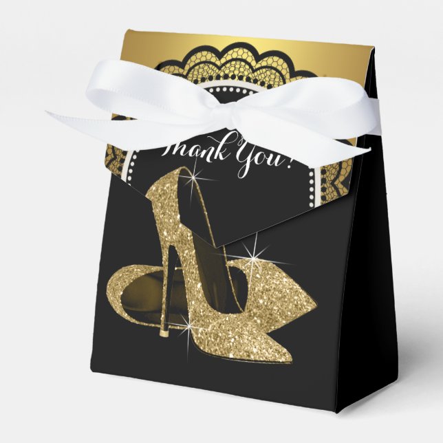 Elegant Black and Gold Glitter High Heel Shoe Favour Box (Front Side)