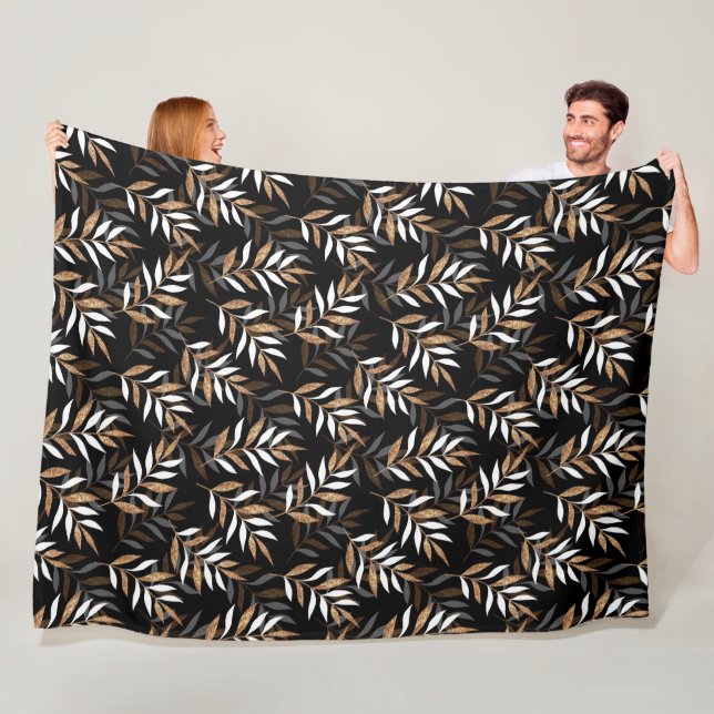 Elegant Black and Gold Glitter Leaves Pattern Fleece Blanket (In Situ)