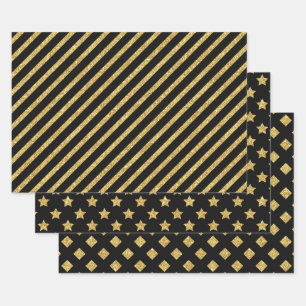Elegant Black and Gold Glitter Patterns Wrapping Paper Sheet