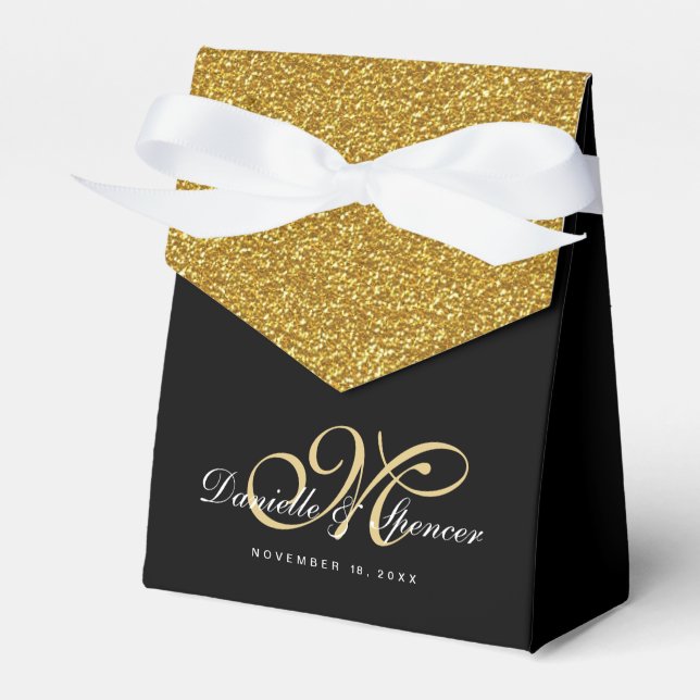 Elegant Black and Gold Glitter Wedding Thank You Favour Box (Front Side)