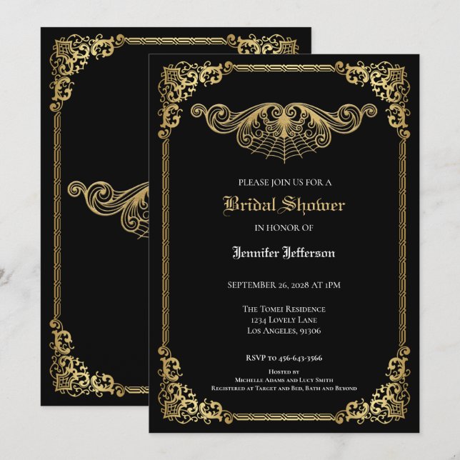 Elegant black and gold Gothic Bridal Shower Announcement (Front/Back)
