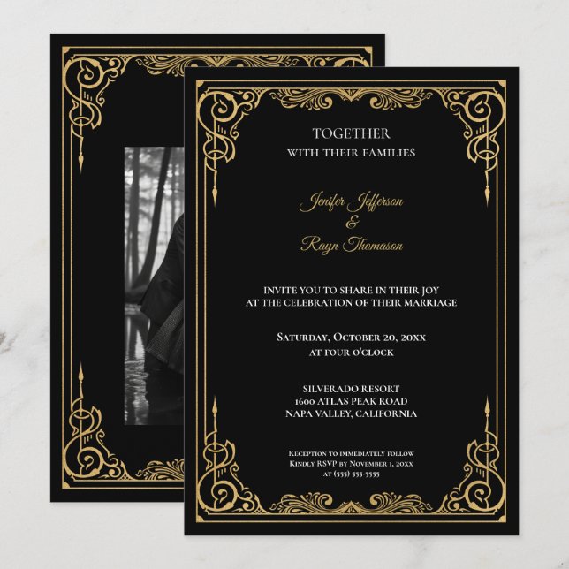 Elegant black and gold Gothic wedding Invitation (Front/Back)