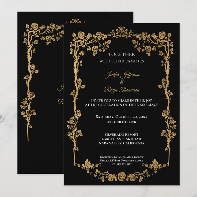Elegant black and gold Gothic wedding Invitation (Front/Back)