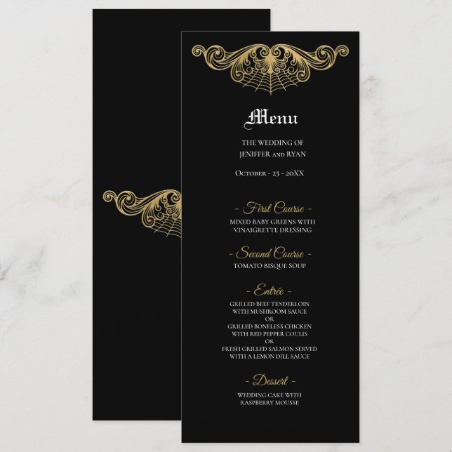 Elegant black and gold Gothic Wedding Menu (Front/Back)