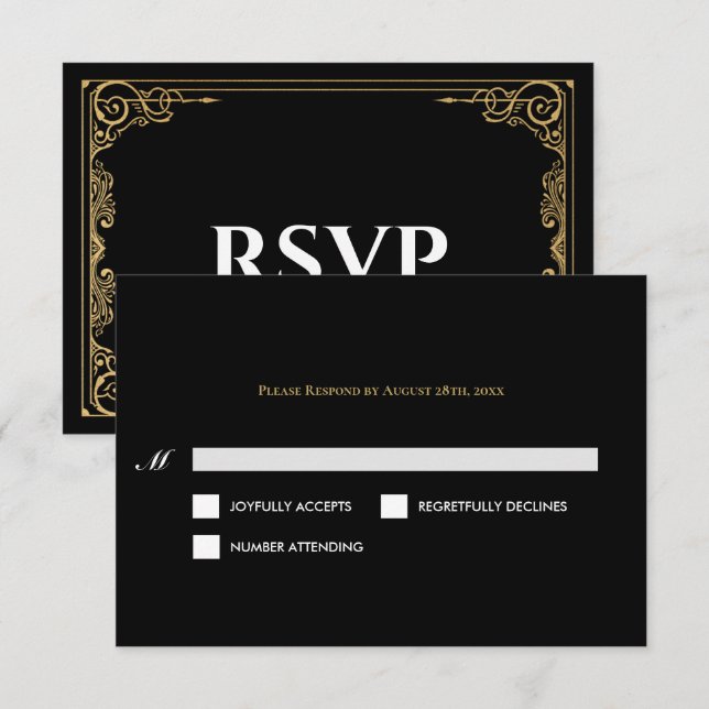 Elegant black and gold Gothic Wedding RSVP Card (Front/Back)