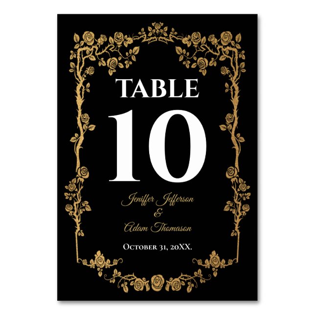 Elegant black and gold Gothic Wedding Table Number (Front)