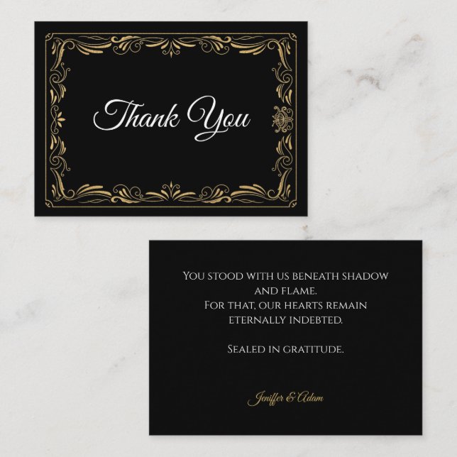 Elegant black and gold Gothic wedding Thank You Card (Front/Back)