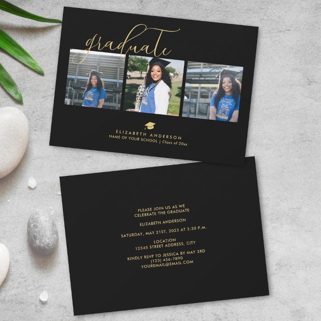 Elegant Black and Gold Graduate Graduation Photo Invitation (Creator Uploaded)