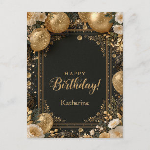 Elegant Black and Gold Happy Birthday with Name Holiday Postcard