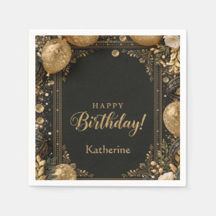 Elegant Black and Gold Happy Birthday with Name Napkin