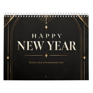 Elegant Black and Gold Happy New Year Calendar