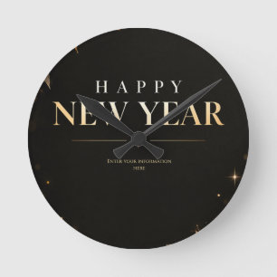 Elegant Black and Gold Happy New Year Greeting Round Clock