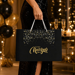 Elegant Black and Gold Happy New Year Large Gift Bag