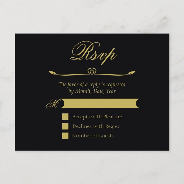 Elegant Black and Gold Heart Flourish RSVP Invitation Postcard (Front)