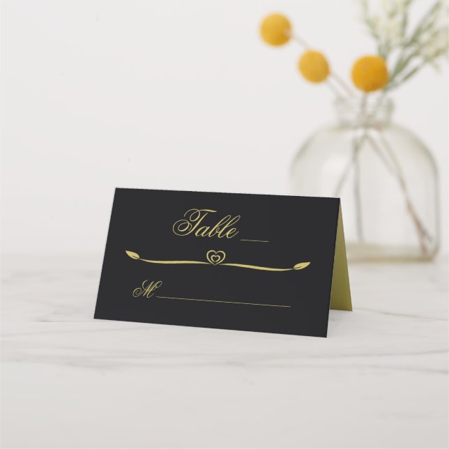 Elegant Black and Gold Heart Flourish Wedding Place Card (Front)