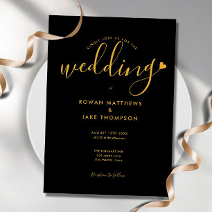 Elegant Black And Gold Heart Script Wedding Invitation