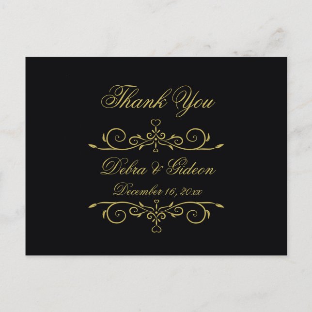 Elegant Black and Gold Heart Wedding Thank You Postcard (Front)