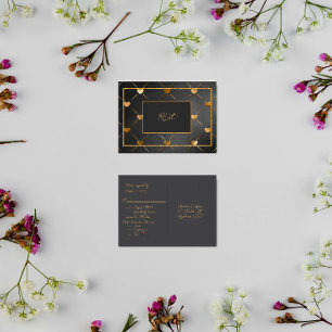 Elegant Black and Gold Hearts RSVP Invitation Postcard