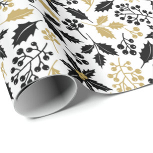Elegant Black and Gold Holly Mistletoe  Wrapping Paper