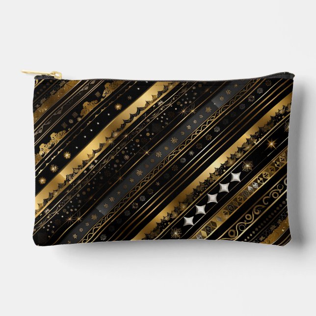 Elegant Black And Gold Horizontal Striped Accessory Pouch (Front)