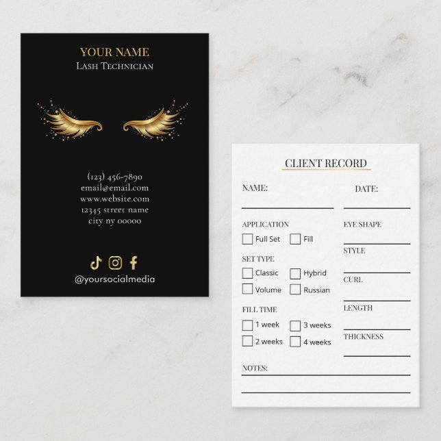 Elegant Black and gold Lash Client Record Form Business Card (Front/Back)