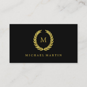 Elegant Black and Gold Laurel Wreath with Monogram Business Card