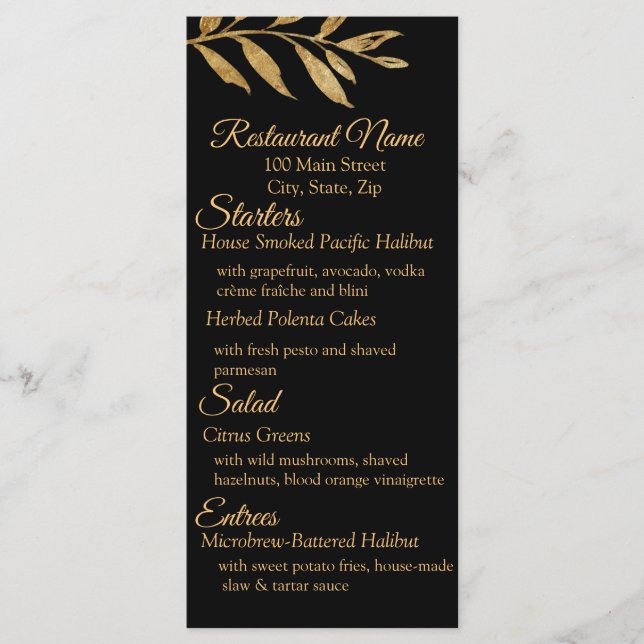 Elegant Black and Gold Leaves Menu (Front)