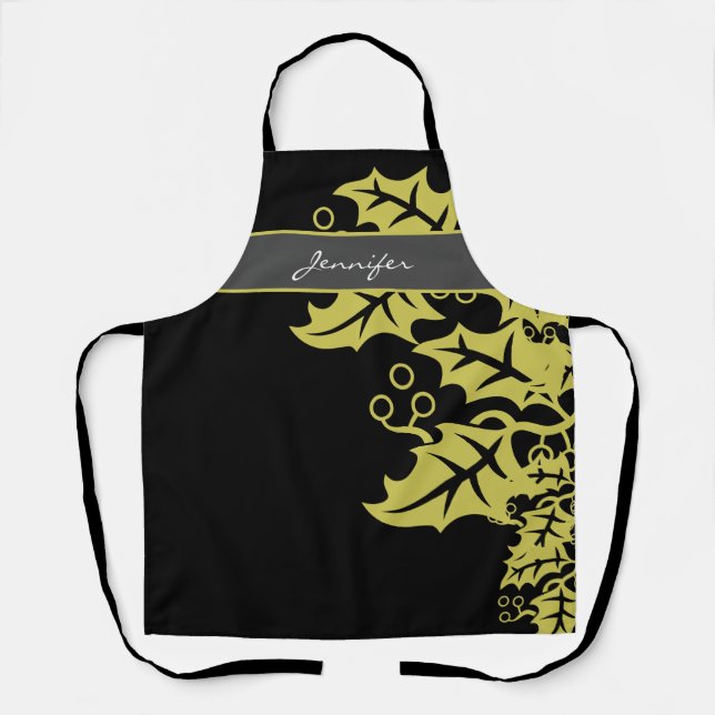 Elegant Black and Gold Leaves Personalized Apron (Front)