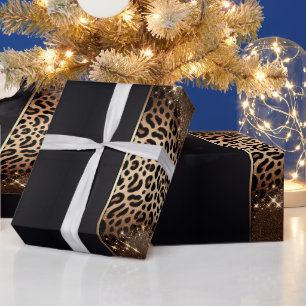 Elegant Black and Gold Leopard Glitter  Wrapping Paper