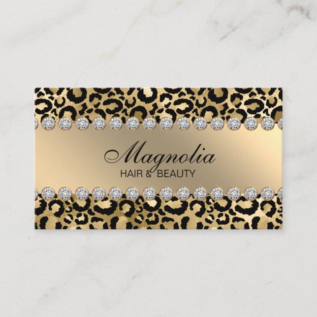 Elegant Black and Gold Leopard Hair Salon Business Card (Front)
