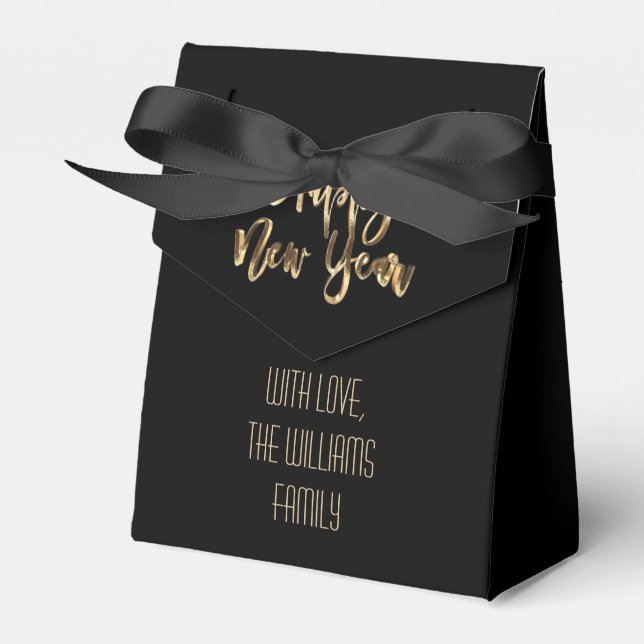 Elegant Black and Gold Look Script Happy New Year Favour Box (Front Side)