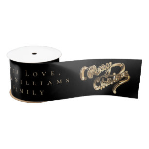 Elegant Black and Gold Look Script Merry Christmas Satin Ribbon