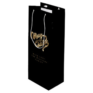 Elegant Black and Gold Look Script Merry Christmas Wine Gift Bag
