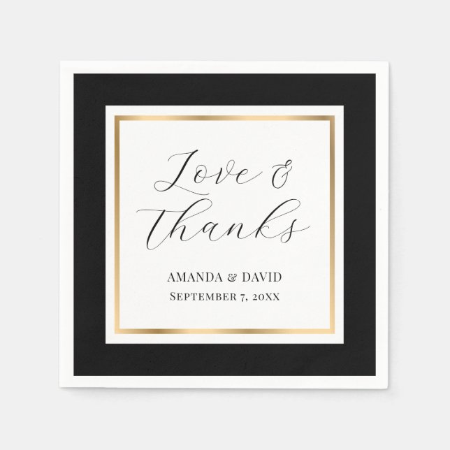 Elegant Black and Gold Love and Thanks Wedding Napkin (Front)