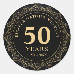 Elegant Black and Gold Mandala 50th Anniversary Classic Round Sticker