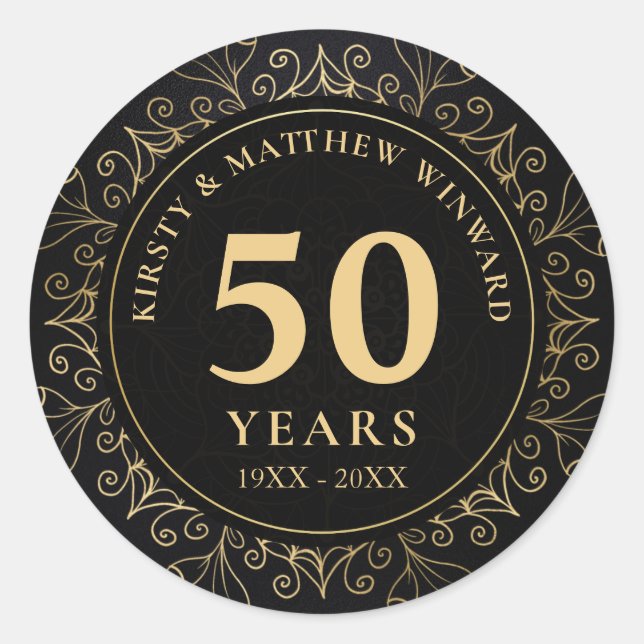 Elegant Black and Gold Mandala 50th Anniversary Classic Round Sticker (Front)