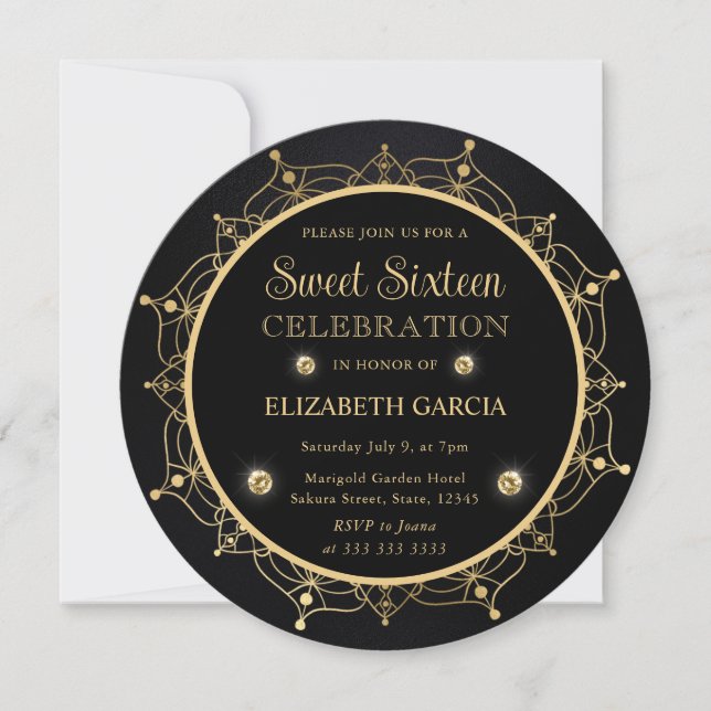 Elegant Black and Gold Mandala Sweet Sixteen Invitation (Front)
