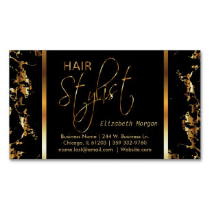 Elegant Black and Gold Marble Hair Stylist Magnetic Business Card