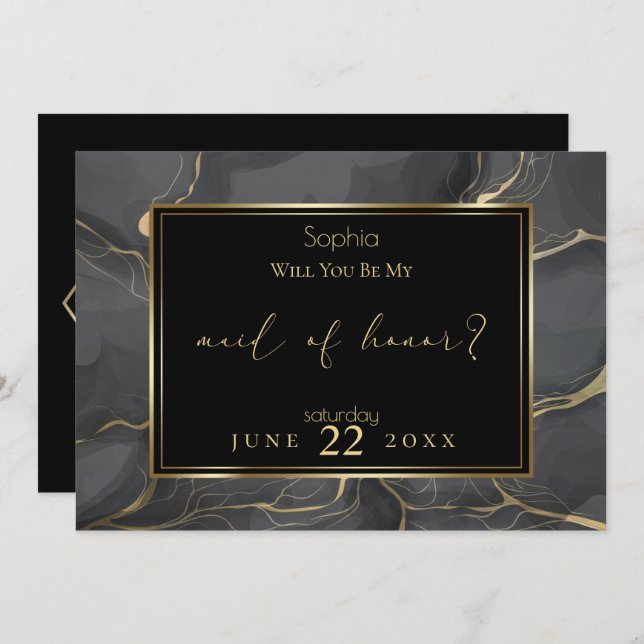 Elegant Black and Gold Marble  Maid of Honour Invitation (Front/Back)