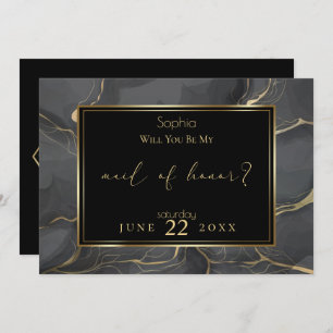 Elegant Black and Gold Marble  Maid of Honour Invitation