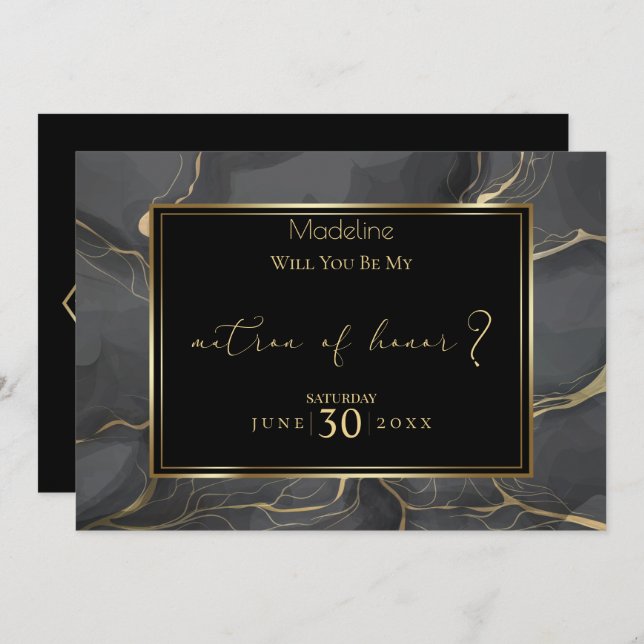 Elegant Black and Gold Marble Matron of Honour Invitation (Front/Back)