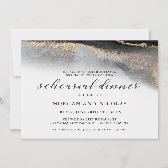 Elegant Black and Gold Marble Rehearsal Dinner Invitation (Front)