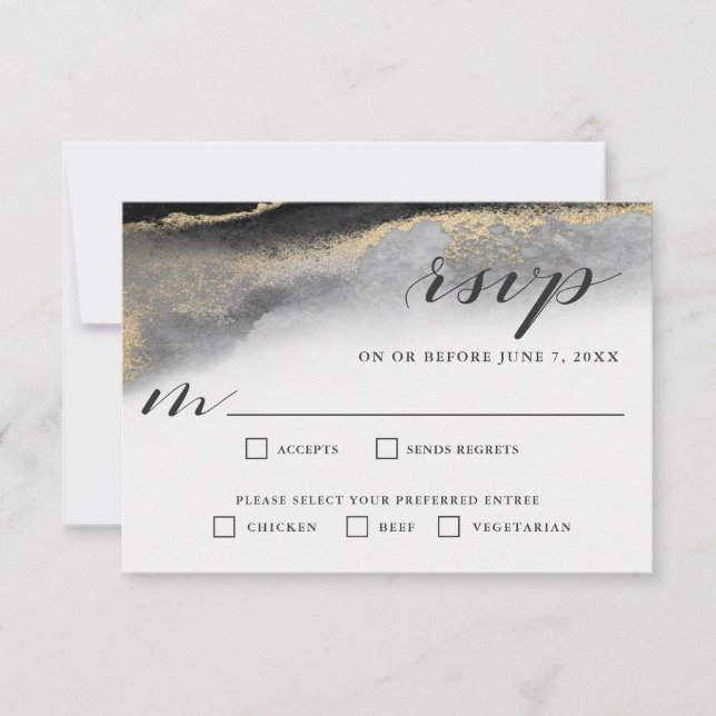 Elegant Black and Gold Marble RSVP Meal Selections Card (Front)