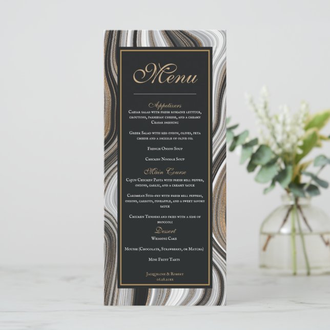 Elegant Black and Gold Marble Wedding Menu (Standing Front)