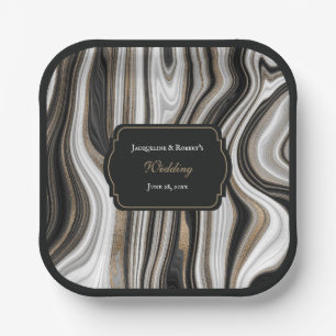 Elegant Black and Gold Marble Wedding Paper Plate