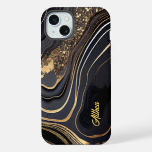 Elegant Black and Gold Marbled Customisable Name iPhone 15 Plus Case