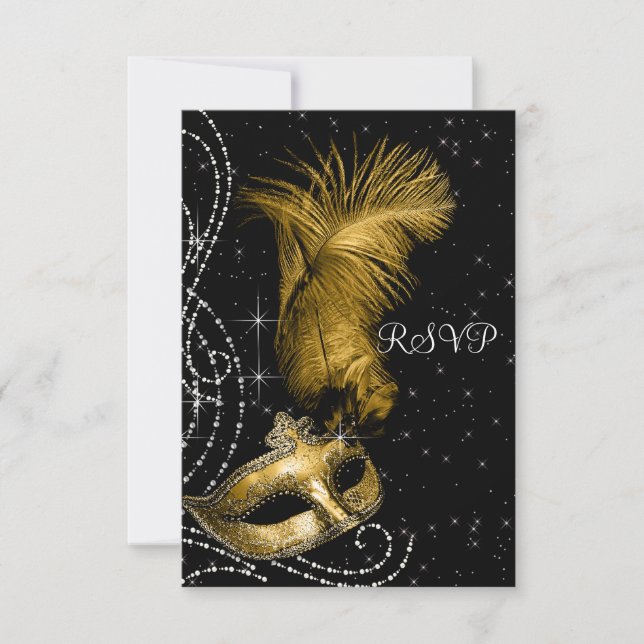 Elegant Black and Gold Masquerade Party RSVP Card (Front)