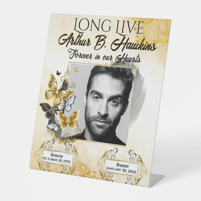 Elegant Black and Gold Memorial Photo Funeral  Pedestal Sign (Front)