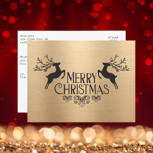 Elegant Black and Gold Merry Christmas Reindeer Holiday Postcard